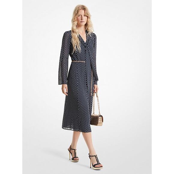 MICHAEL KORS RETRO STYLE GEORGETTE TIE-NECK MIDI SHIRT DRESS W GOLD BELT SZ XS - Picture 1 of 8